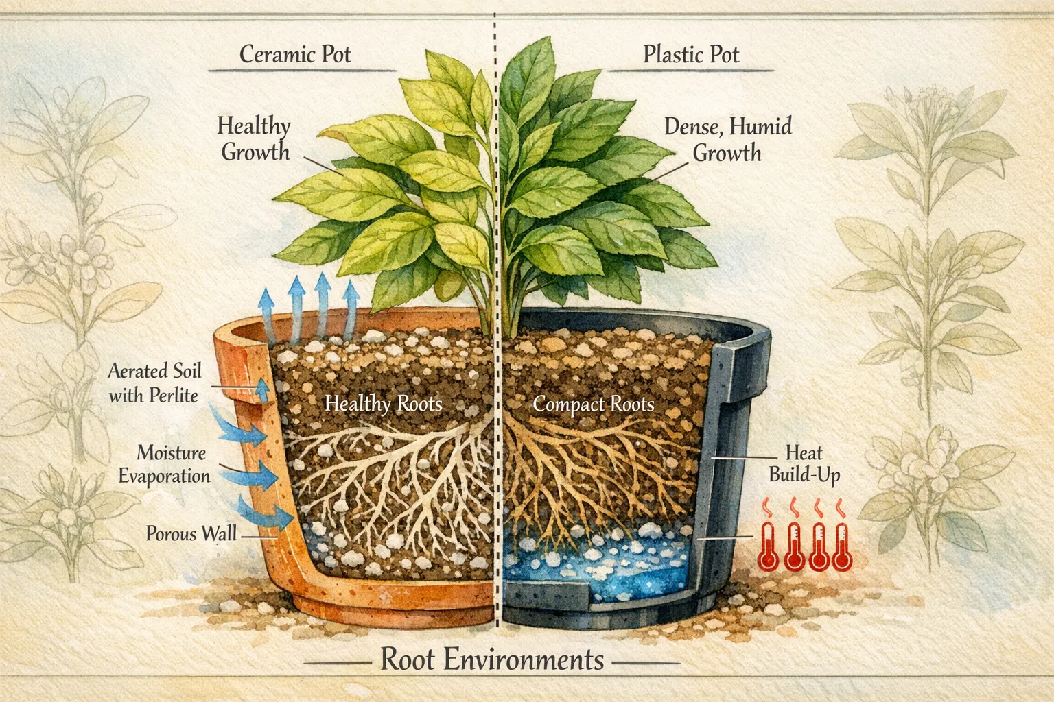 A close-up botanical watercolor illustrating the proper planting technique in a glazed ceramic pots: a gardener's gloved hands gently position a Monstera plant (in its black plastic liner) inside the cobalt-blue pot over a clear drainage hole and a layer of grey and white drainage pebbles, while adding well-draining soil mixed with perlite.