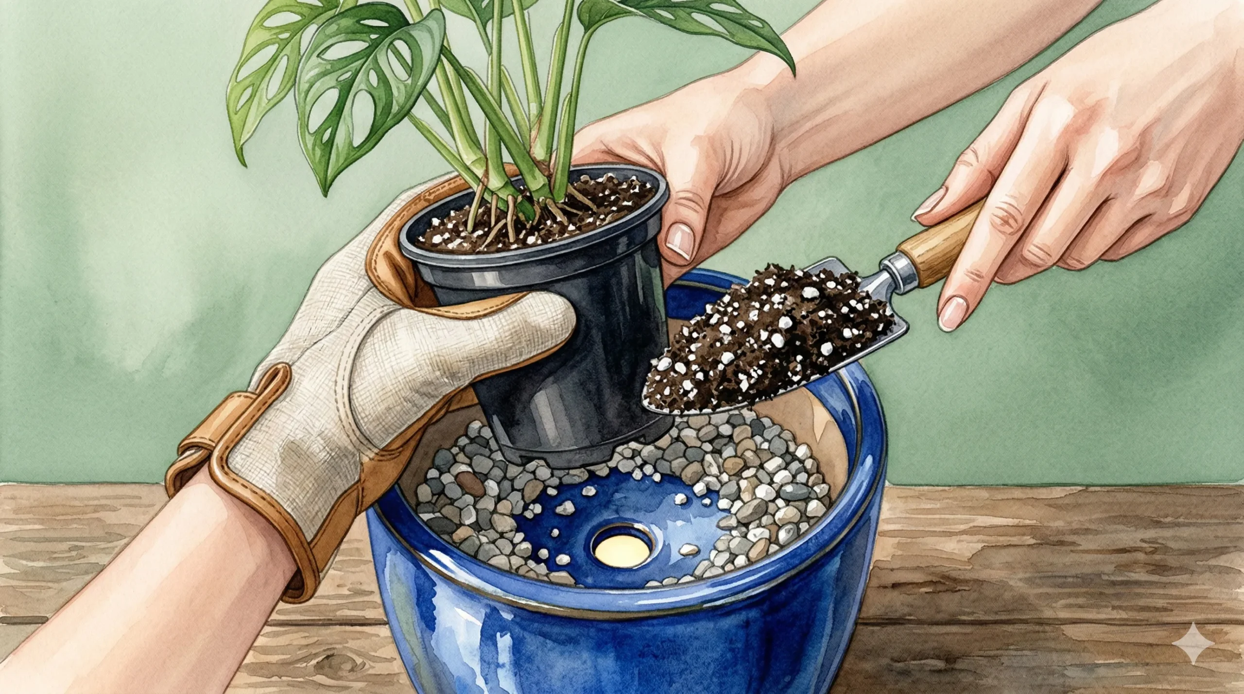 A technical botanical watercolor showing the correct way to use a glazed ceramic pot: a gardener’s gloved hand places a Monstera in a nursery liner over a drainage hole and drainage pebbles, while a trowel adds well-draining soil mixed with white perlite.