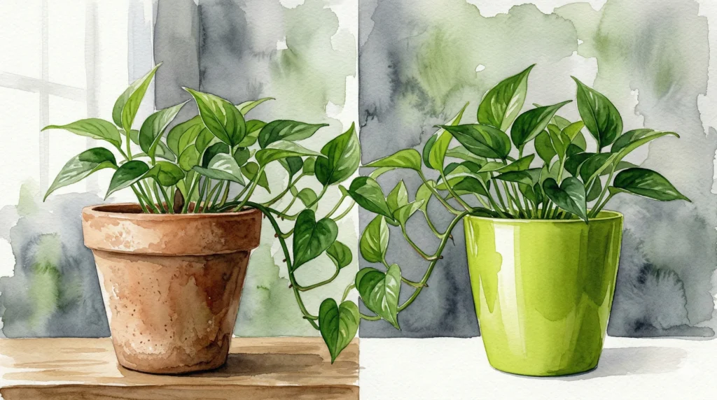 A high-contrast watercolor illustration comparing two plant containers: on the left, a rustic, textured terracotta ceramic pots; on the right, a sleek, chartreuse-green plastic pots. Both pots house healthy Pothos plants with their green vines intertwining in the center to symbolize shared growth.
