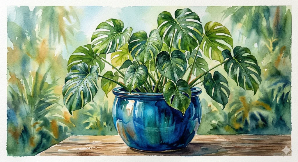 A vibrant watercolor painting of a lush Monstera plant with water droplets on its leaves, housed in a glossy, deep blue glazed ceramic pot, set against a soft, sun-dappled tropical background.